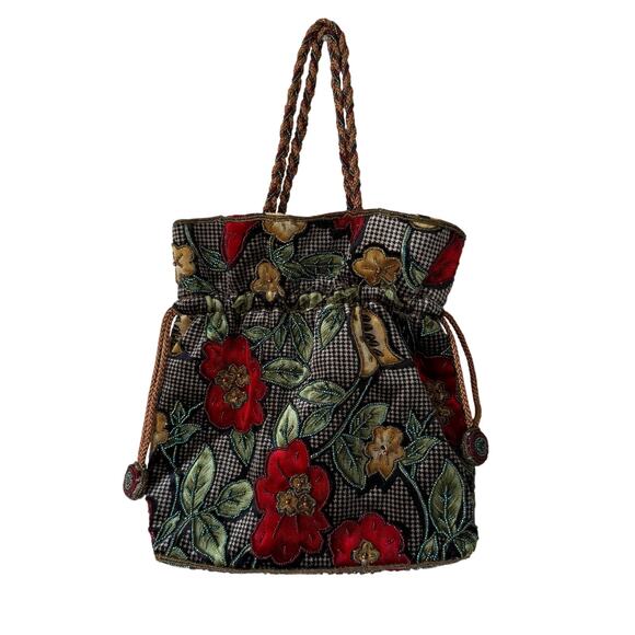 None and/or Unknown Handbags - Floral Beaded women's handbag with drawstring and snap closure